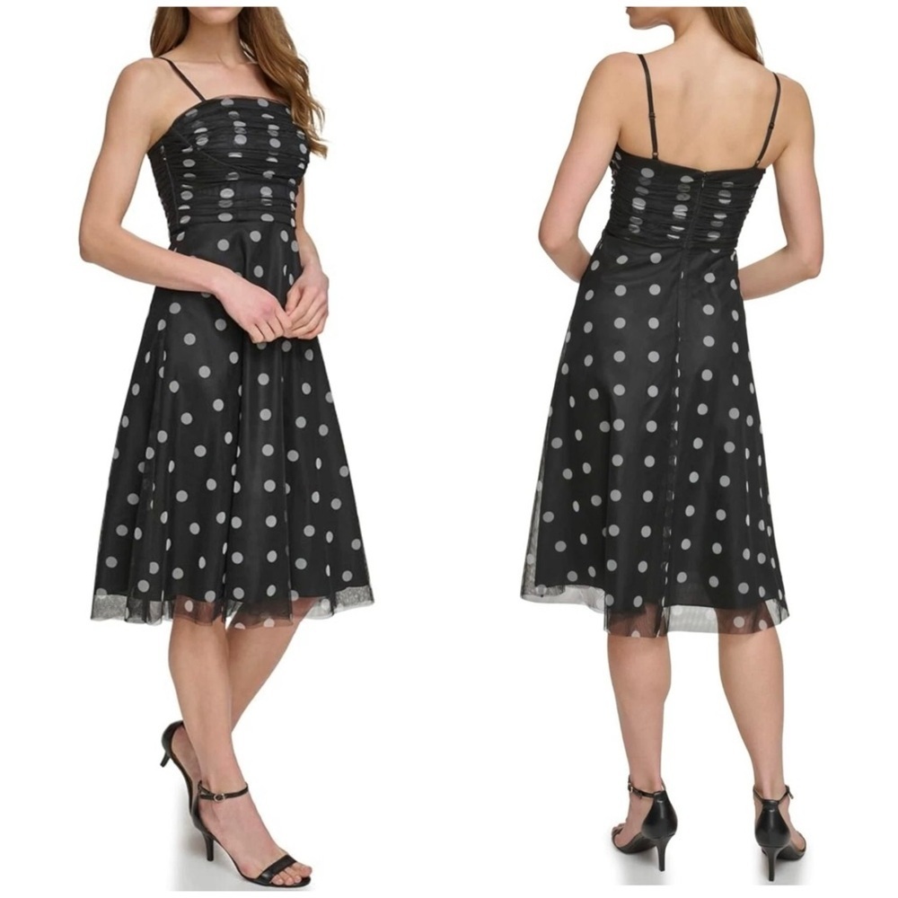 Eliza J Cocktail Polka Dot Dress 12 Fit and Flare Mesh Spaghetti Strap Party